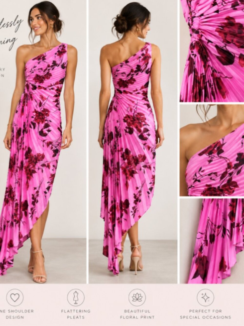 Pink Floral One Shoulder Pleated Asymmetrical Maxi Dress